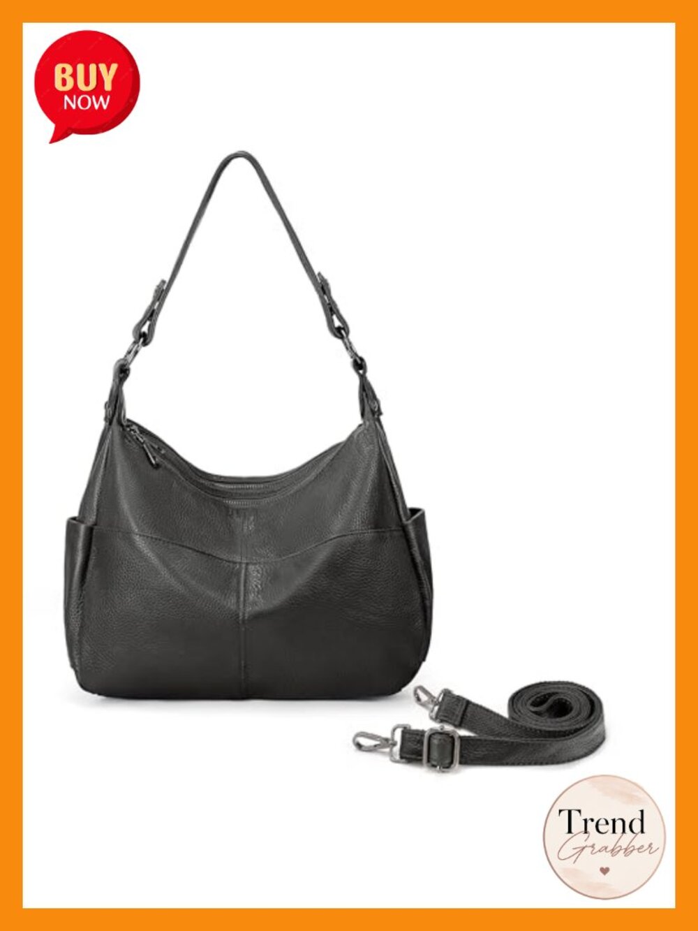 Real Leather Hobo Shoulder Bag with 2 Zip Pockets Convertible Handbag